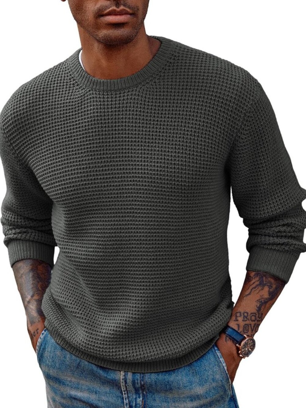 Cozy Men's Waffle Knit Crewneck Pullover Sweater - Casual Fashion Essential